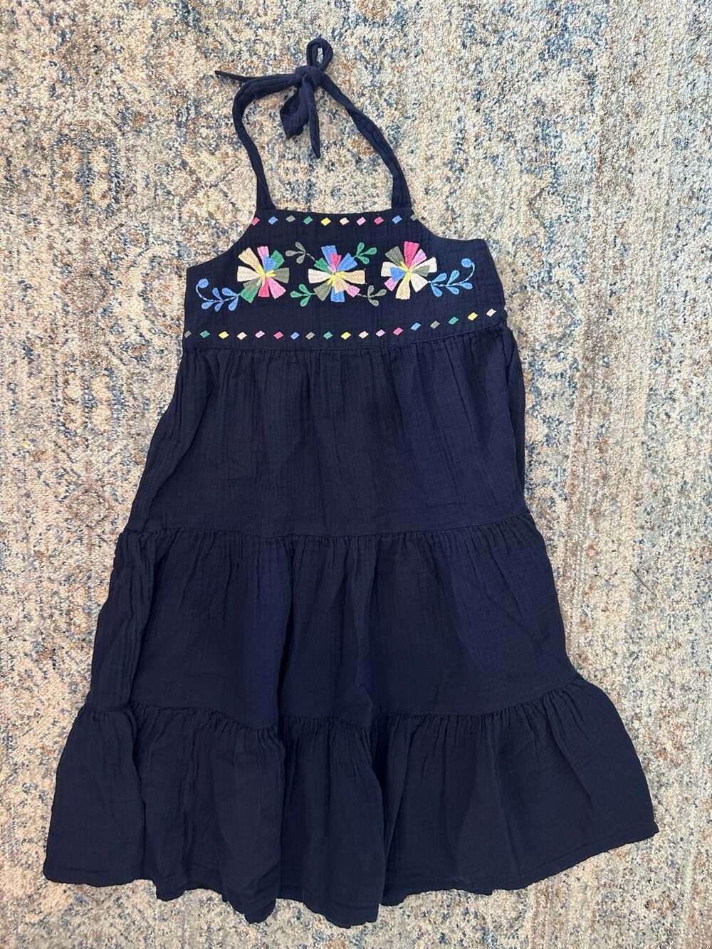 Gap Kids Embroidered Floral Halter Tiered Gauze Dress Navy Blue Size M (8-9)